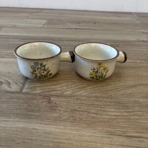 1970s Takahashi "Herb Wildflower" Lug Handle‎ Bowls Speckled Pottery Japan Vtg